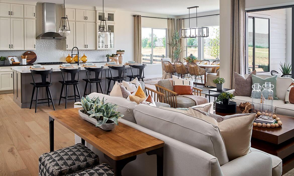 Great Room, Kitchen, and Dining Room - Brookside Model | Reflection at Solstice | New Homes In Littleton, CO