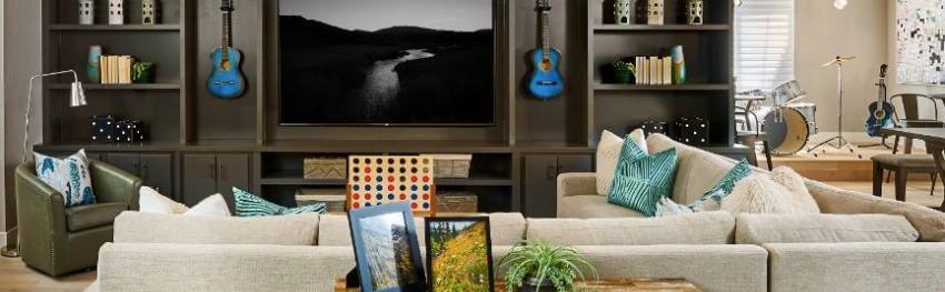 Cozy living room with instruments and decorative accents.