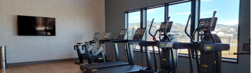 Treadmills facing windows with mountain view.