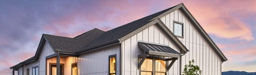 Modern house at sunset with illuminated windows.
