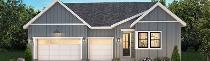 Modern grey house with a three-car garage.