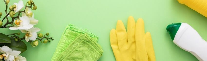 Cleaning gloves and supplies on green background.