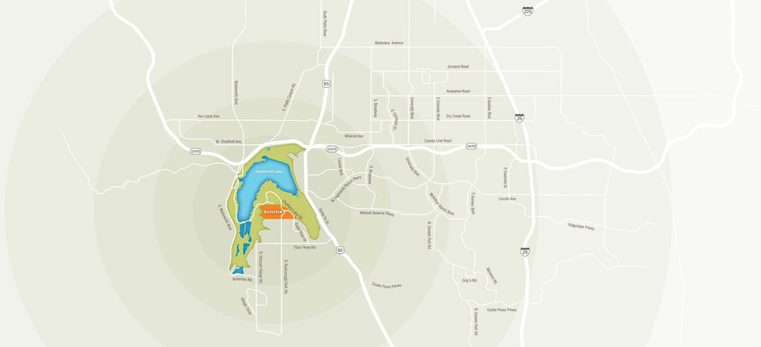 Map highlighting Solstice community near Chatfield Lake.