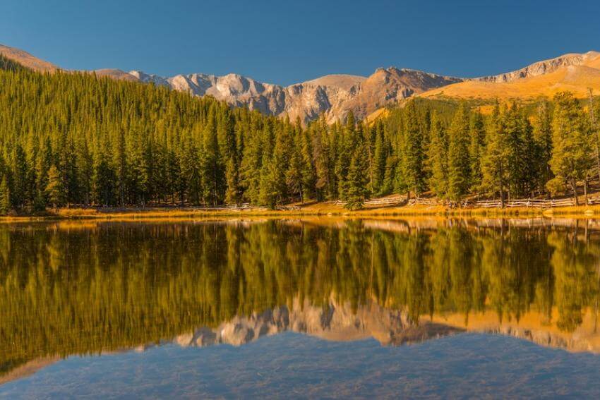Mountain lake reflecting trees and peaks under clear sky.