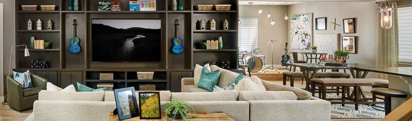 Modern living room with sectional sofa and wall unit.