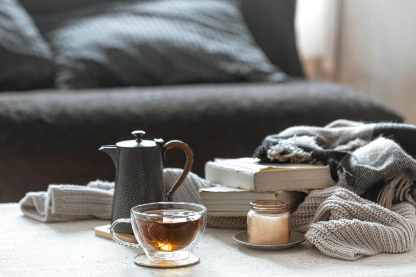Cozy setup with tea, books, and blanket.