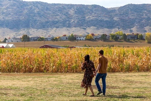 Couple walking through field by mountain homes.